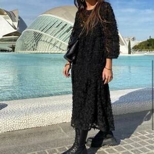 ZARA Black Floral Appliqué Contrasting Voluminous Ballon Sleeve Dress XXL